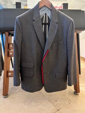 Gucci Gray Wool Blazer with Web Trim Accent